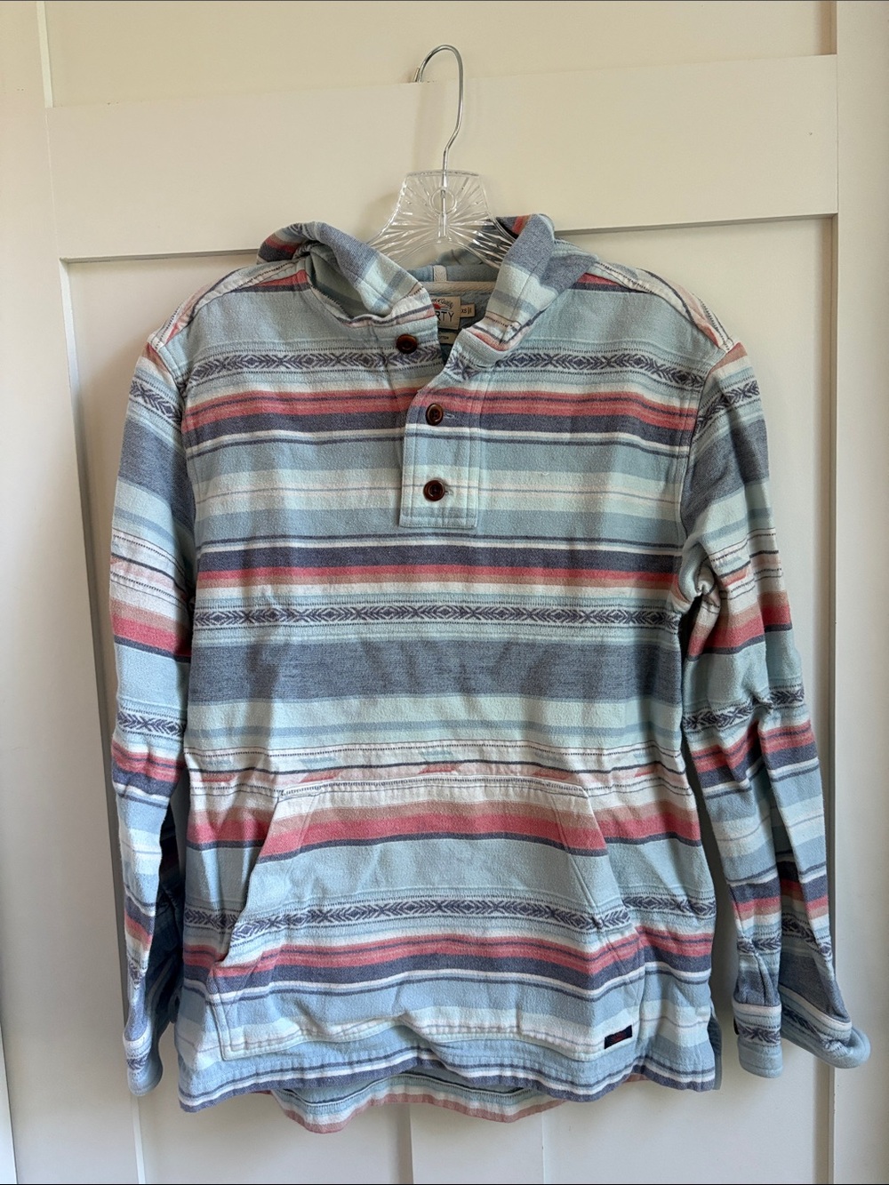 Faherty Striped Hooded Button Pullover - Light Blue, Coral & Gray